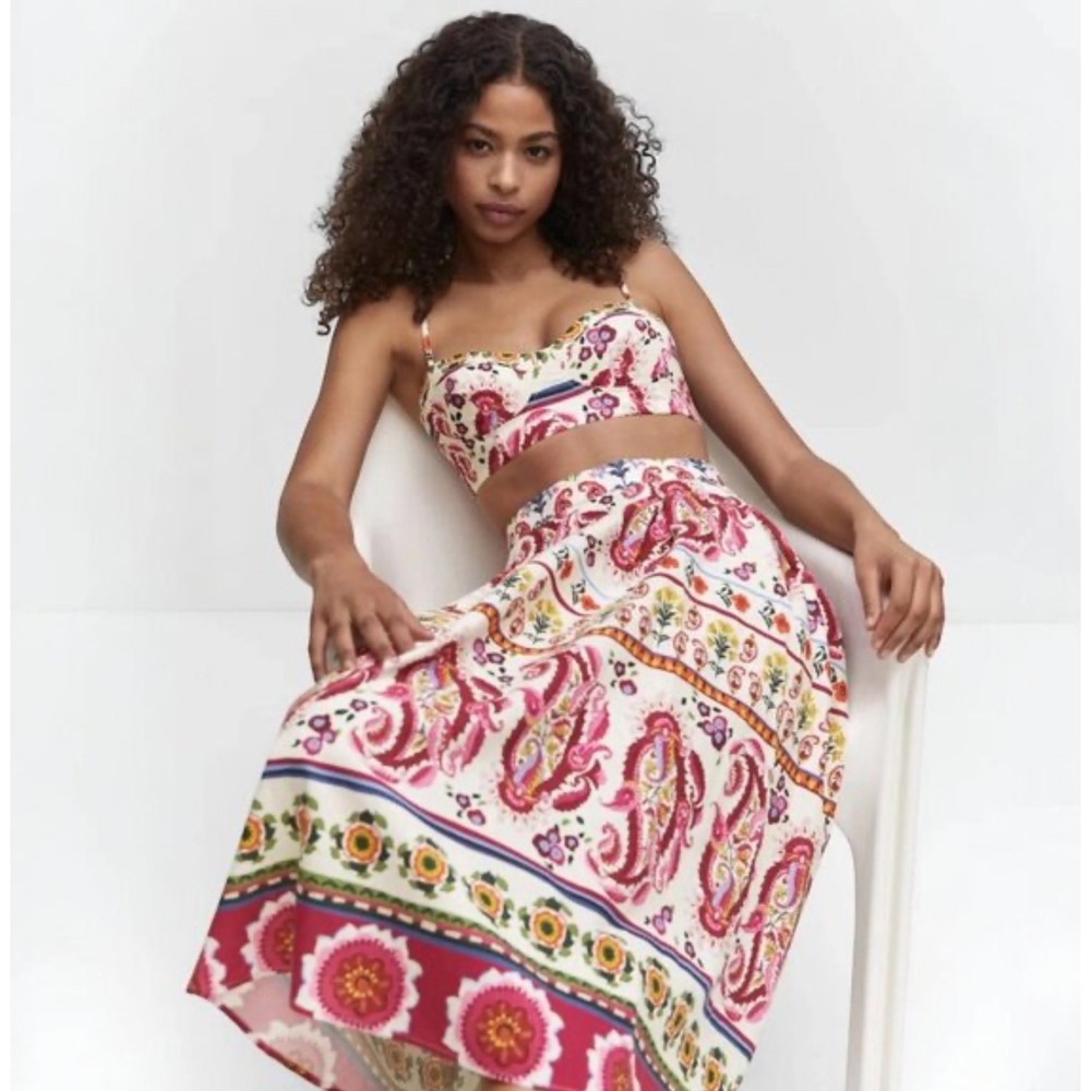 Caroline Constas Euro Summer Boho Linen Resort Paisley Maxi Skirt Women's Small